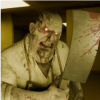 Butcher gameplay featuring a terrifying monster stalking a player through a dim, infinite yellow-walled corridor in an atmospheric horror game on scary-games.com