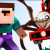 A terrifying spider-train monster chasing a blocky character through a dark forest