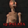 A eerie flashlight beam pointing down a dark asylum corridor with Ward 13 painted on the door in 13-palata