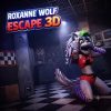 A dark neon arcade hallway with Roxanne Wolf prowling in Roxanne Wolf: Escape 3D
