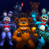 First-person player aiming an assault rifle at a menacing animatronic in FNaF Shooter
